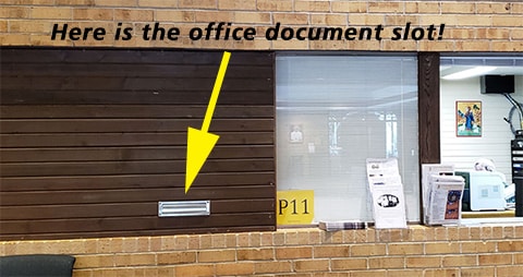 If you need to drop off checks or papers at the parish, please use the document slot in the wall next to the reception window.
